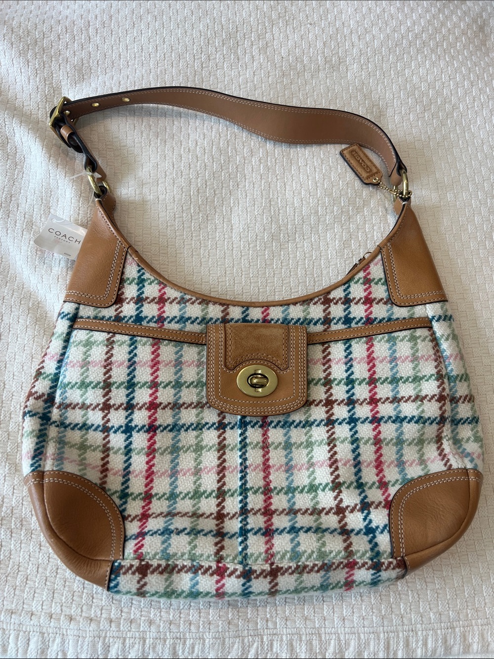Coach Plaid Wool Hobo with Tan Leather Trim